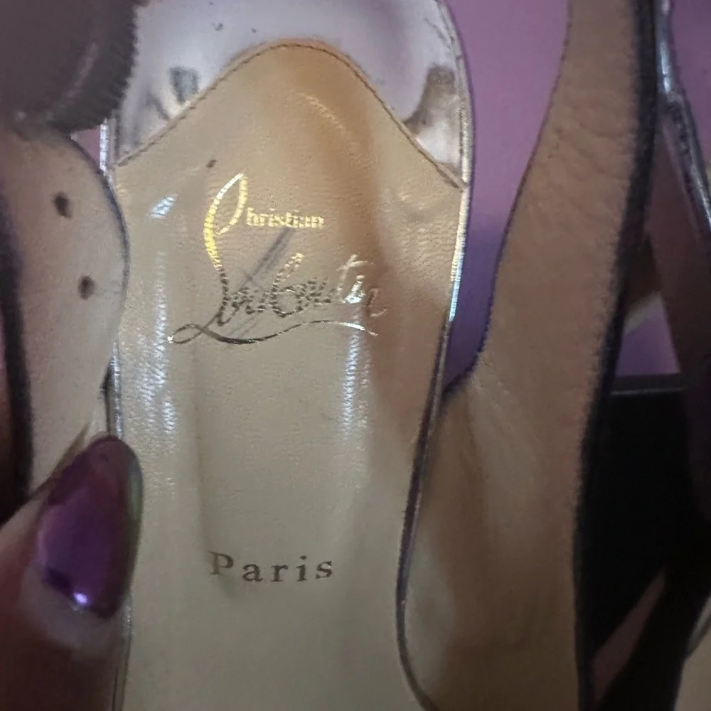 Christian Louboutin Black and Tan Peep Toe Slingback Heels - Picture 6 of 10